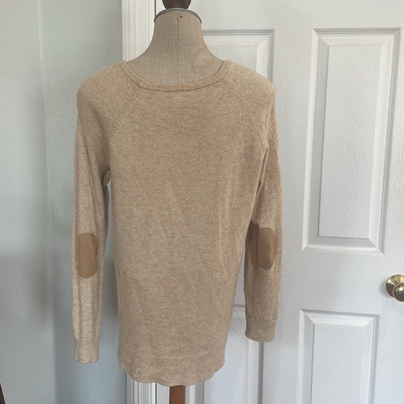 J Crew striped button flap wool pullover sweater elbow patches tan womens size M - Picture 3 of 13